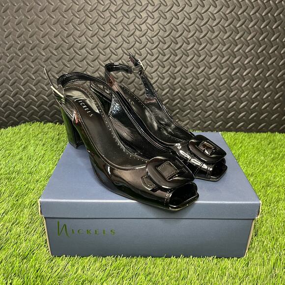 Nickles Black Patent Leather Open Toe Buckle 3'' Heels Womans Size 10 - Picture 3 of 6